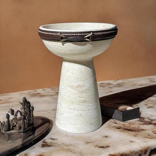 Swan Travertine Bowl- Leather Detail