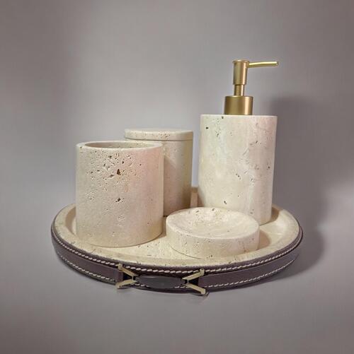 Travertine Bathroom Set of 4- Leather Detail