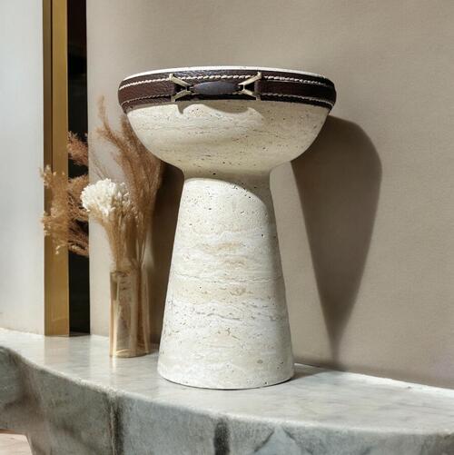 Swan Travertine Bowl- Leather Detail