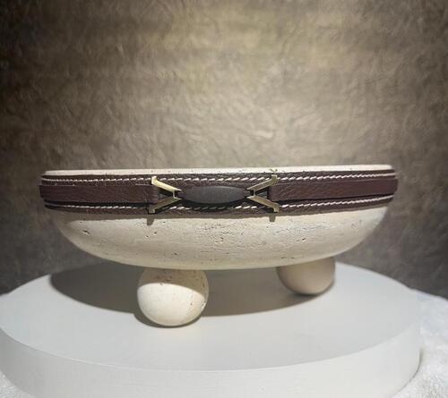 Bala Travertine Bowl with Ball Feet-Leather Detail