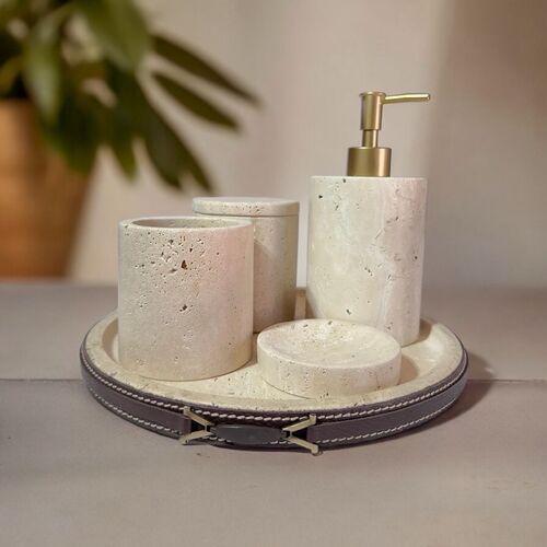 Travertine Bathroom Set of 4- Leather Detail