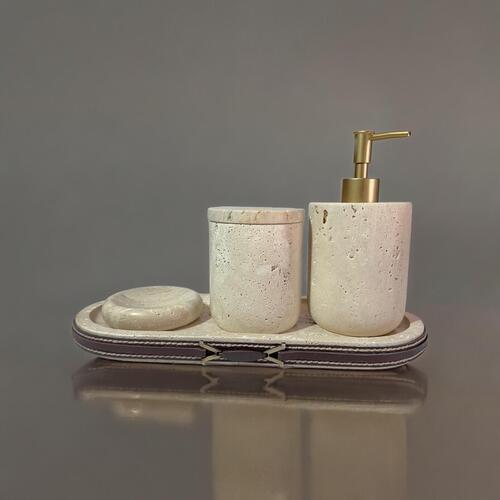 Travertine Bathroom Set of 4- Leather Detail